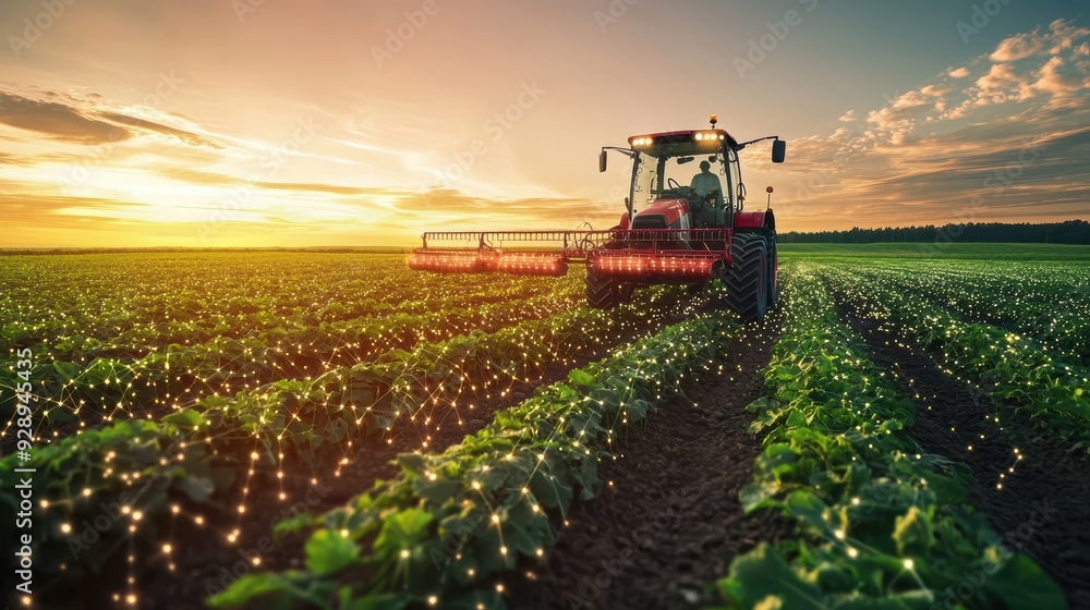 A tractor working in lush green field at sunset, creating sense of productivity and tranquility. scene is illuminated with magical glow. A tractor working in lush green field at sunset, creating sense of productivity and tranquility. scene is illuminated with magical glow.