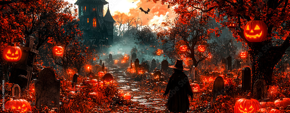 Sinister Halloween character on a sinister road strewn with pumpkins Sinister Halloween character on a sinister road strewn with pumpkins