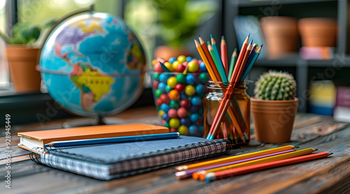 Colorful Pencils on Wooden Desk with Globe, Notebook, and Cactus - Photo photo