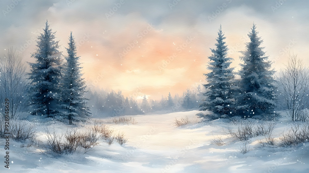 Watercolor winter scene with snow-covered trees and a serene sky, creating a peaceful background for Christmas and New Year invitations.