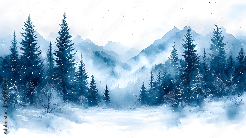Fototapeta premium Watercolor winter landscape with frosted trees and falling snow, offering a tranquil backdrop for holiday invitations.