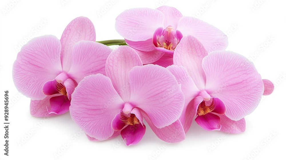 Elegant pink orchid blossoms showcasing purple veins in full bloom against a soft white backdrop Elegant pink orchid blossoms showcasing purple veins in full bloom against a soft white backdrop