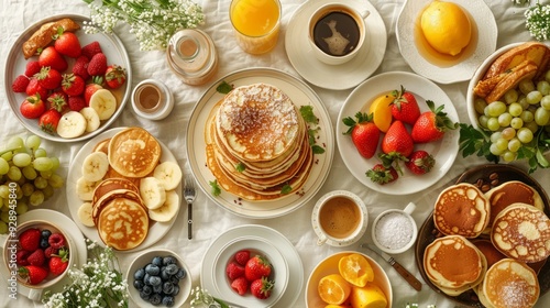 Wallpaper Mural Artistic flat lay of a brunch spread including pancakes, fruit, and coffee, styled for social media Torontodigital.ca