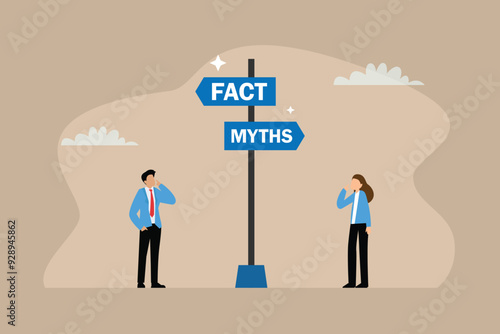 business people at Facts vs Myths directional sign 2d flat vector illustrations