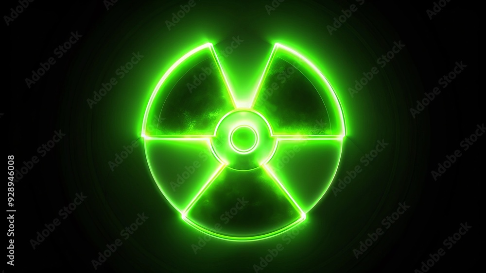 Glowing radioactive symbol isolated on a black background, featuring a bright green trefoil logo with three pronged blades, indicating caution and nuclear hazard. Glowing radioactive symbol isolated on a black background, featuring a bright green trefoil logo with three pronged blades, indicating caution and nuclear hazard.