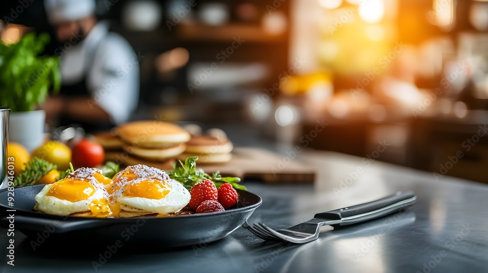 A bustling kitchen during brunch, with chefs preparing eggs benedict, pancakes, and fresh fruit A bustling kitchen during brunch, with chefs preparing eggs benedict, pancakes, and fresh fruit