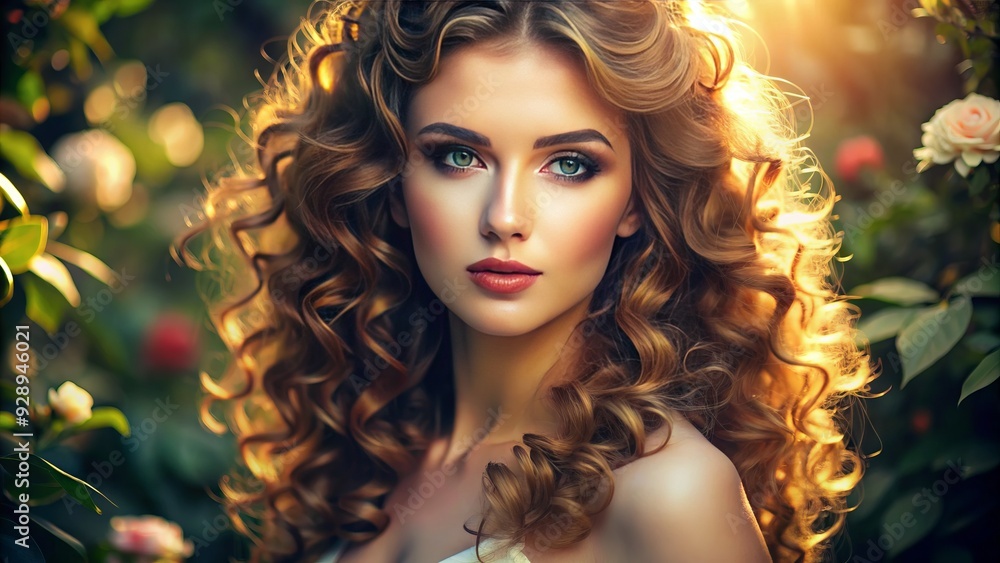 Fototapeta premium Glowing woman with flawless porcelain skin, lush eyebrows, and vibrant curls, radiating effortless elegance and confidence in a serene, naturally lit atmosphere.
