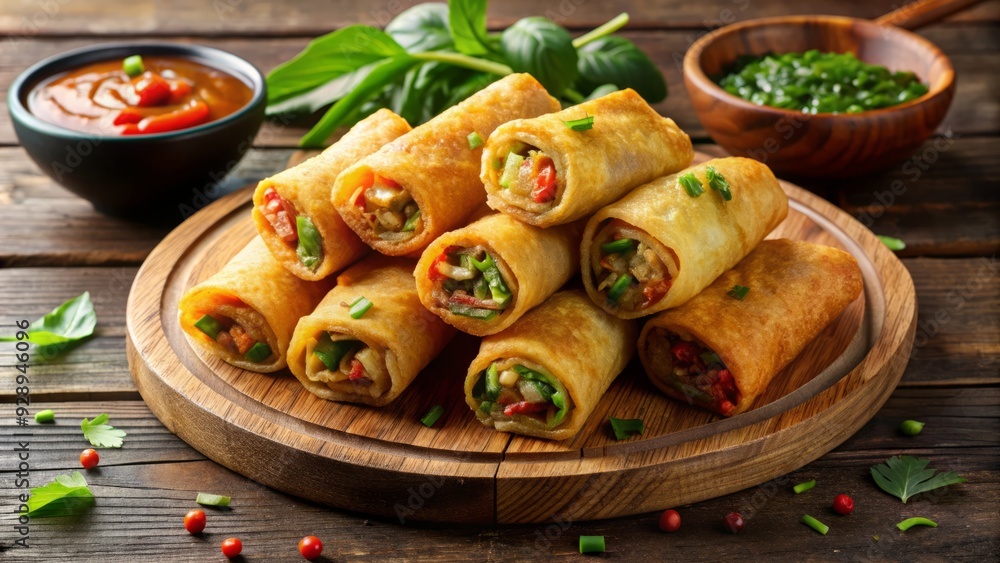 Golden-brown crispy egg rolls filled with savory vegetables and spices, garnished with green onions, served on a wooden platter with dipping sauce. Golden-brown crispy egg rolls filled with savory vegetables and spices, garnished with green onions, served on a wooden platter with dipping sauce.