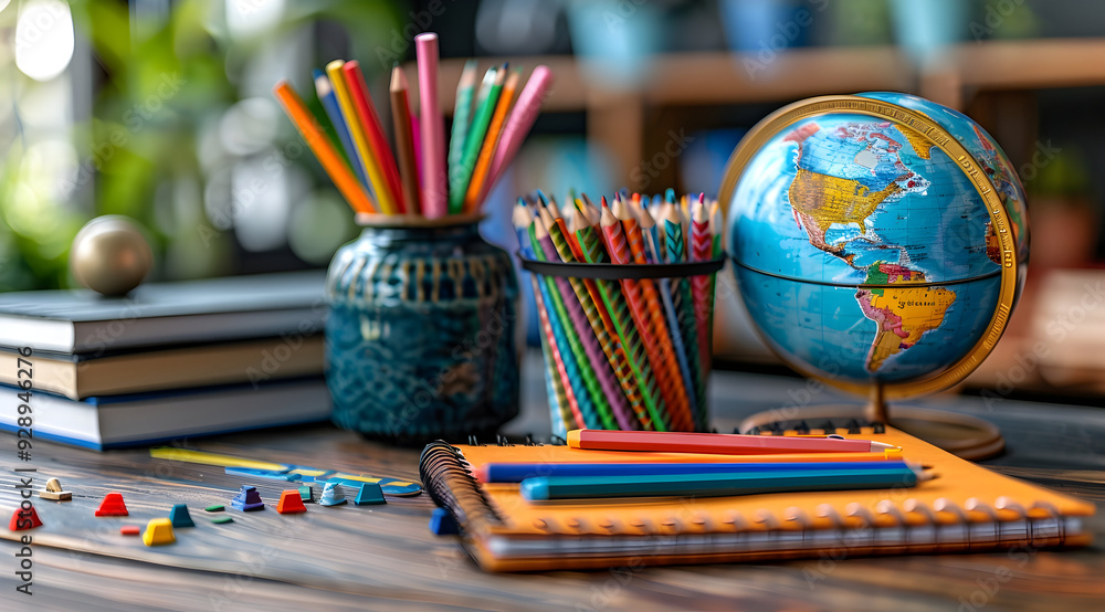 Colorful Pencils, Globe, and Notebook on Wooden Desk - Still Life Illustration Colorful Pencils, Globe, and Notebook on Wooden Desk - Still Life Illustration