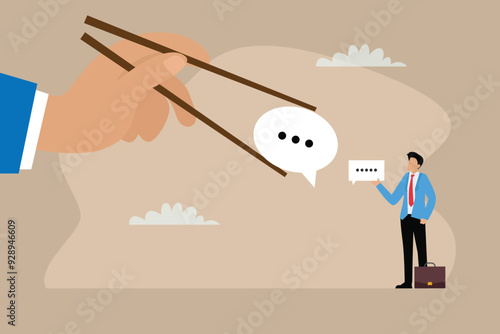 Productive dialogue. Fingers holding  chopsticks with dialogue 2d flat vector illustrations