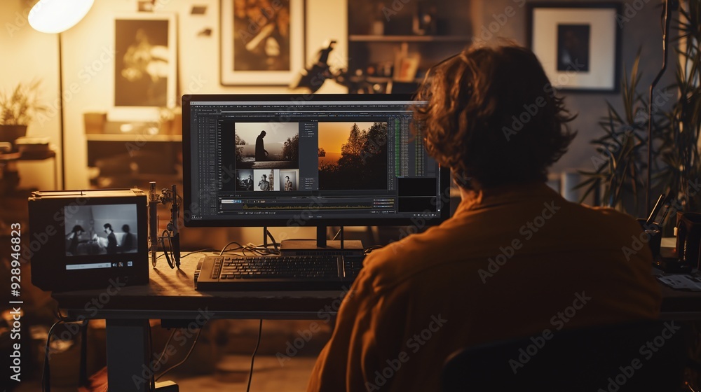 A person sits at a desk editing photos on a computer in a cozy, dimly-lit room filled with art and photography equipment. A person sits at a desk editing photos on a computer in a cozy, dimly-lit room filled with art and photography equipment.