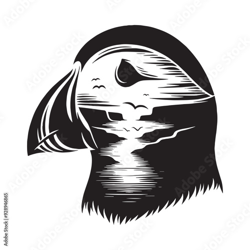 silhouette of Puffin filled with river view in rough drawing