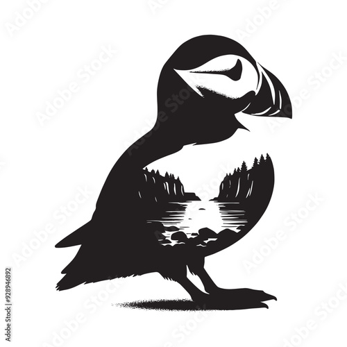 silhouette of Puffin filled with river view in rough drawing