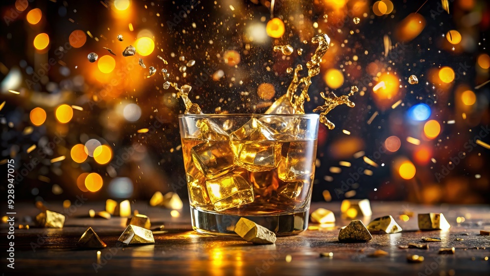 Golden liquor flows from a overflowing whisky glass, surrounded by celebratory confetti and scattered ice cubes, evoking a sense of joyous toasts and festive revelry. Golden liquor flows from a overflowing whisky glass, surrounded by celebratory confetti and scattered ice cubes, evoking a sense of joyous toasts and festive revelry.