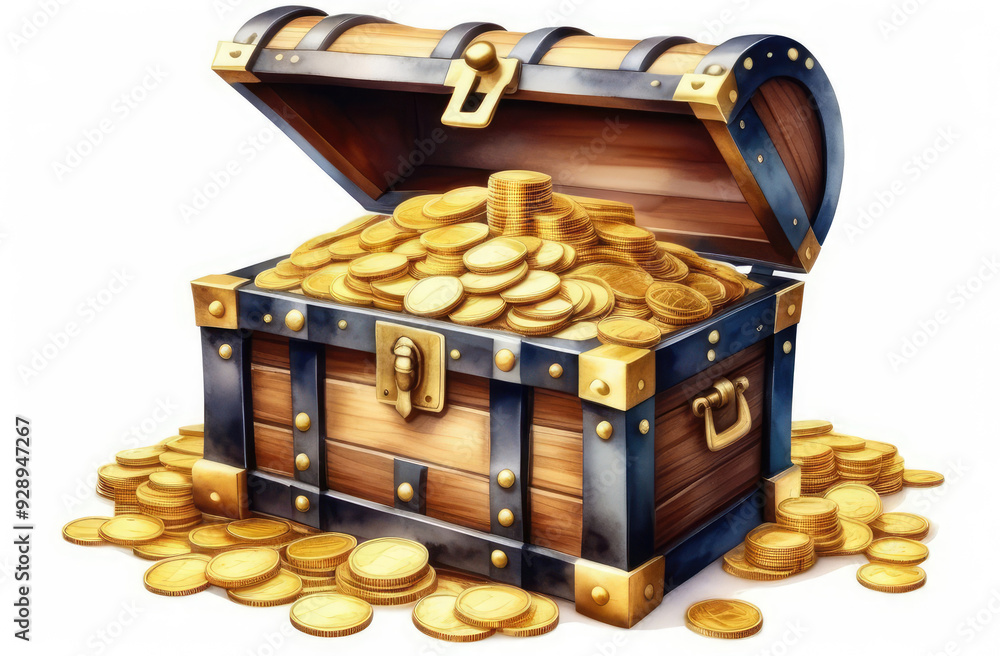 watercolor illustration of open pirate wooden chest with golden coins on white background watercolor illustration of open pirate wooden chest with golden coins on white background
