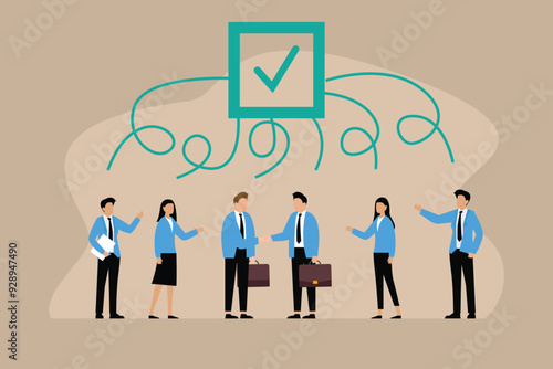 Business people think about agreement to deliver, leadership skill or trust on work responsibility 2d flat vector illustrations