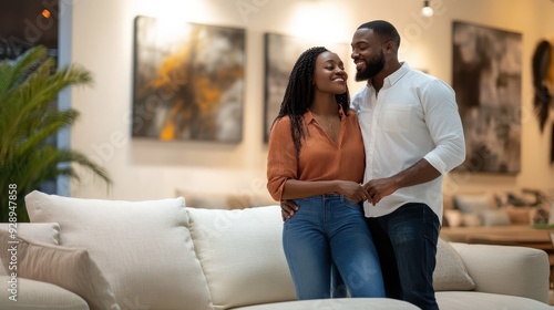 A couple embraces and smiles at each other in a stylish, cozy living space