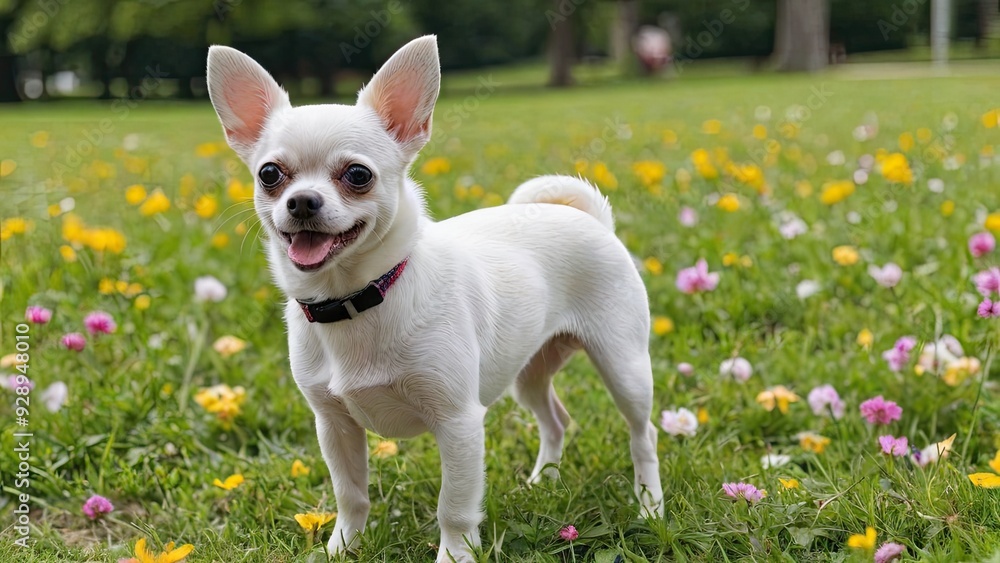 Fawn smooth coat chihuahua dog in flower field Fawn smooth coat chihuahua dog in flower field