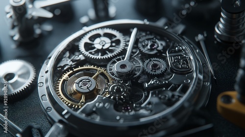 Wallpaper Mural Close-up of intricate watch mechanism showcasing gears, springs, and detailed engineering components in a macro view. Torontodigital.ca