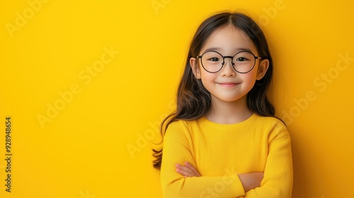 A joyful portrait of an Asian child with curly hair, wearing large glasses against a solid yellow background.