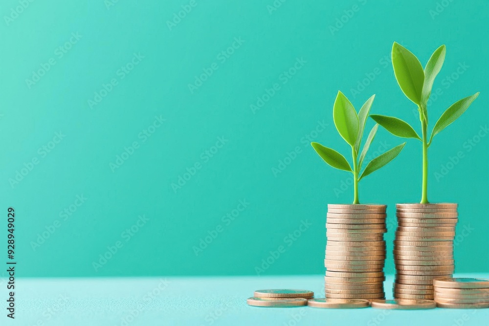 Green plants growing from stacks of coins symbolizing wealth and investment in sustainability and growth. Green plants growing from stacks of coins symbolizing wealth and investment in sustainability and growth.
