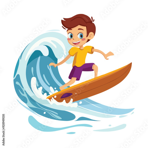 vector cartoon of a boy surfing on a wave