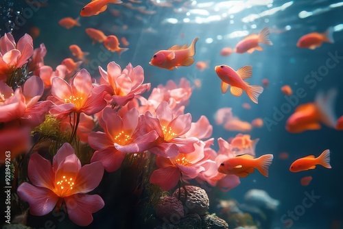 Wallpaper Mural surreal underwater garden vibrant flowers blooming from coral reefs bioluminescent fish swimming through petals dreamlike aquatic fantasy Torontodigital.ca