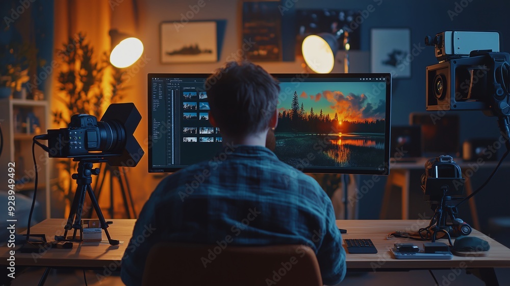 Photographer editing landscape photos on a computer in a home studio with professional lighting and camera equipment. Photographer editing landscape photos on a computer in a home studio with professional lighting and camera equipment.