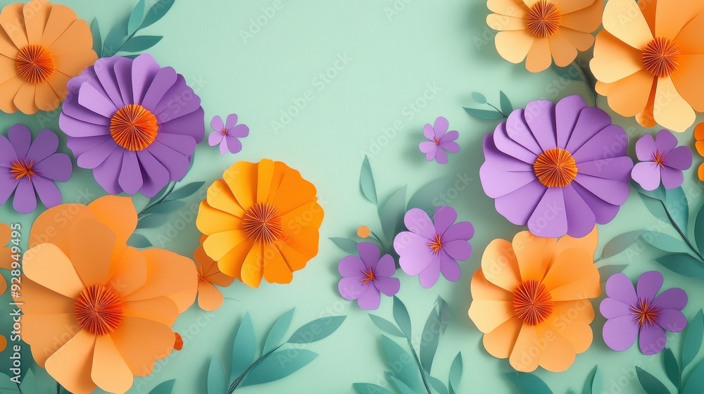 A colorful arrangement of paper flowers in purple, orange, and pink against a light background. A colorful arrangement of paper flowers in purple, orange, and pink against a light background.