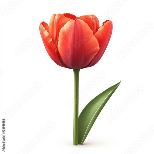 A single red tulip, spring flower, photorealistic style, vibrant petals with green stem, isolated on white background