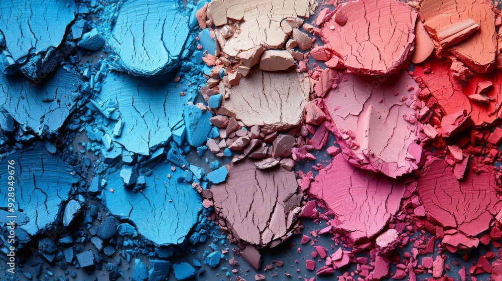 Fototapeta premium A striking palette of crushed blue and pink eyeshadow pigments, emphasizing cosmetics, texture, and beauty trends. Perfect for articles on makeup, style, and color palettes.