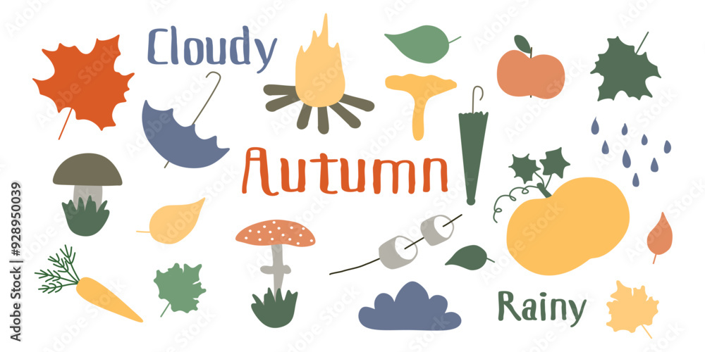 Hand drawn vector set autumn elements. Fall leaves, mushrooms, maple, acorns, berries, oak, pumpkins. Harvest time. Colored trendy illustration on white background. Autumn floral stickers for print Hand drawn vector set autumn elements. Fall leaves, mushrooms, maple, acorns, berries, oak, pumpkins. Harvest time. Colored trendy illustration on white background. Autumn floral stickers for print