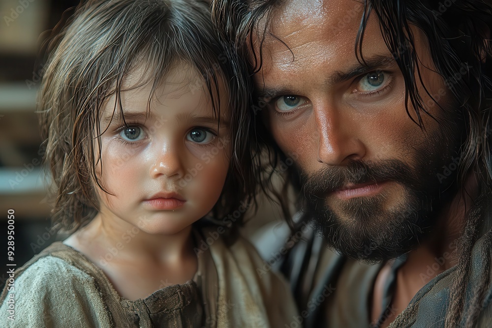 tender moment between joseph and young jesus soft lighting earthy tones detailed period clothing workshop setting tools of carpentry visible tender moment between joseph and young jesus soft lighting earthy tones detailed period clothing workshop setting tools of carpentry visible