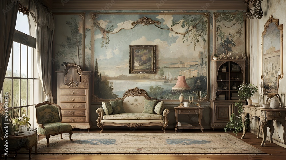 Fototapeta premium Vintage Room with Intricate Hand-Painted Wall Art and Nostalgic Decor