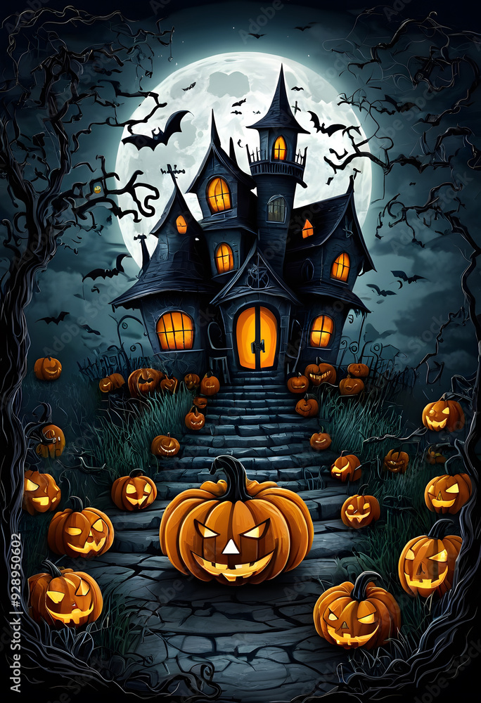 Fototapeta premium A spooky, cartoon-style haunted house with multiple towers, surrounded by bats and a full moon. The path is lined with glowing jack-o'-lanterns, creating a Halloween atmosphere.