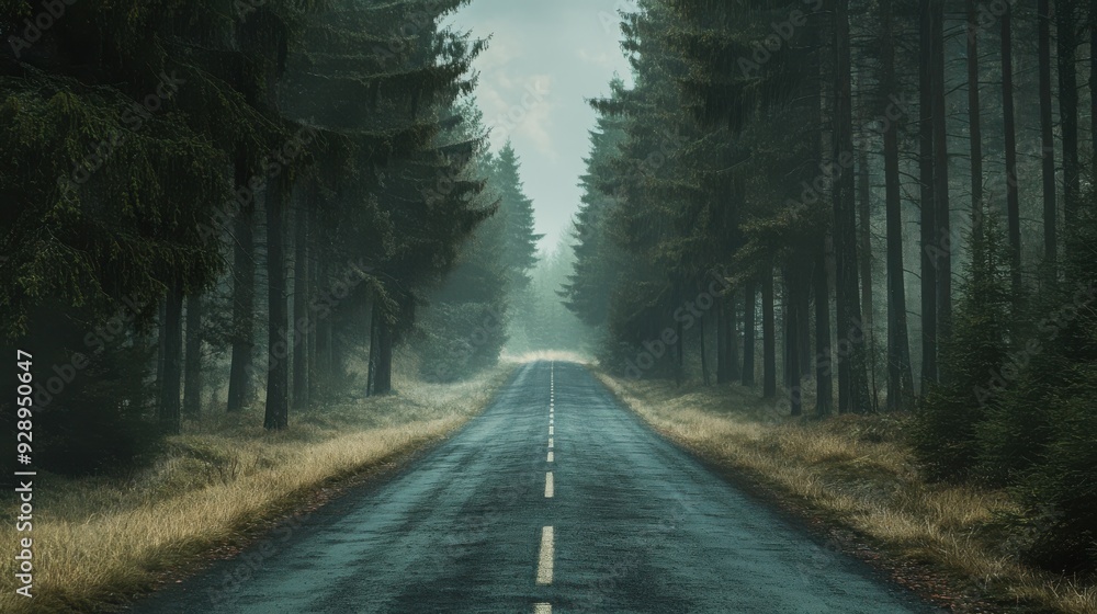 A road with trees on both sides and a foggy sky A road with trees on both sides and a foggy sky