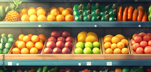 "Grocery Store Shelf with Fruit and Vegetables Arranged"