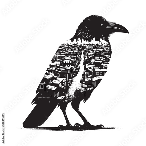silhouette of raven filled with ghetto street in rough drawing