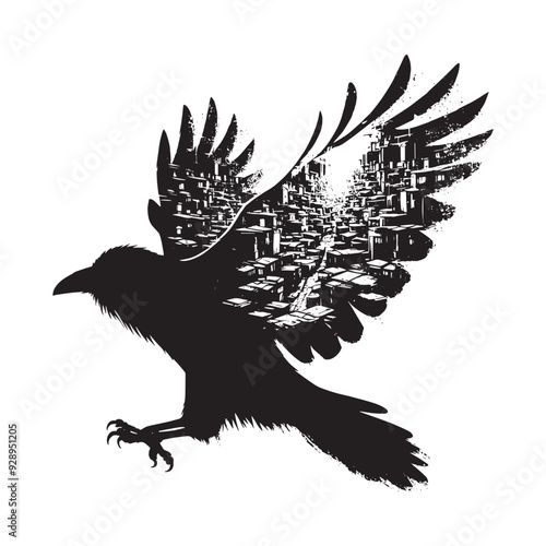 silhouette of raven filled with ghetto street in rough drawing