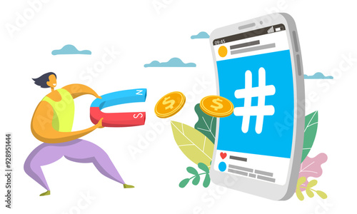 Man earning money attracting finance with magnet from social network monetization vector illustration. Network, e-commerce and marketing concept