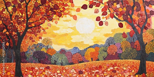 Australian Aboriginal traditional pointillism style art, landscape in autumn with fallen leaves，Australian Aboriginal Dot Art: Autumn Leaves Landscape in Traditional Indigenous Style. Creative Abstrac photo