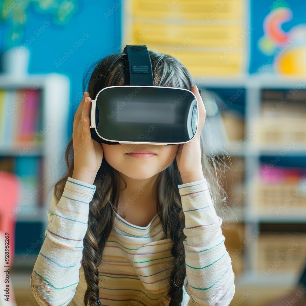 view of young child student with vr glasses view of young child student with vr glasses