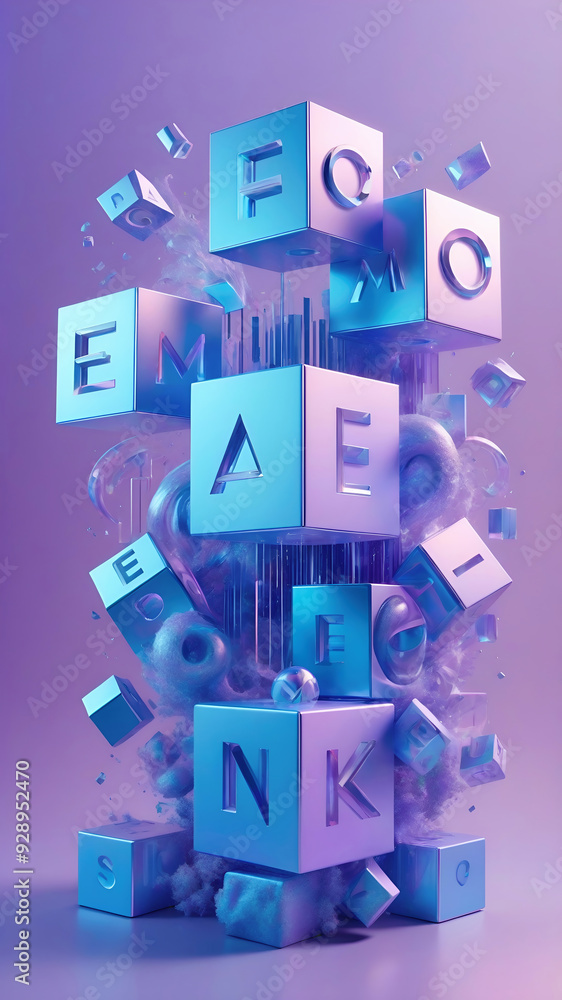 3d holo abstract geometric shapes, cubes, waves, and spirals, on lavender pastel background