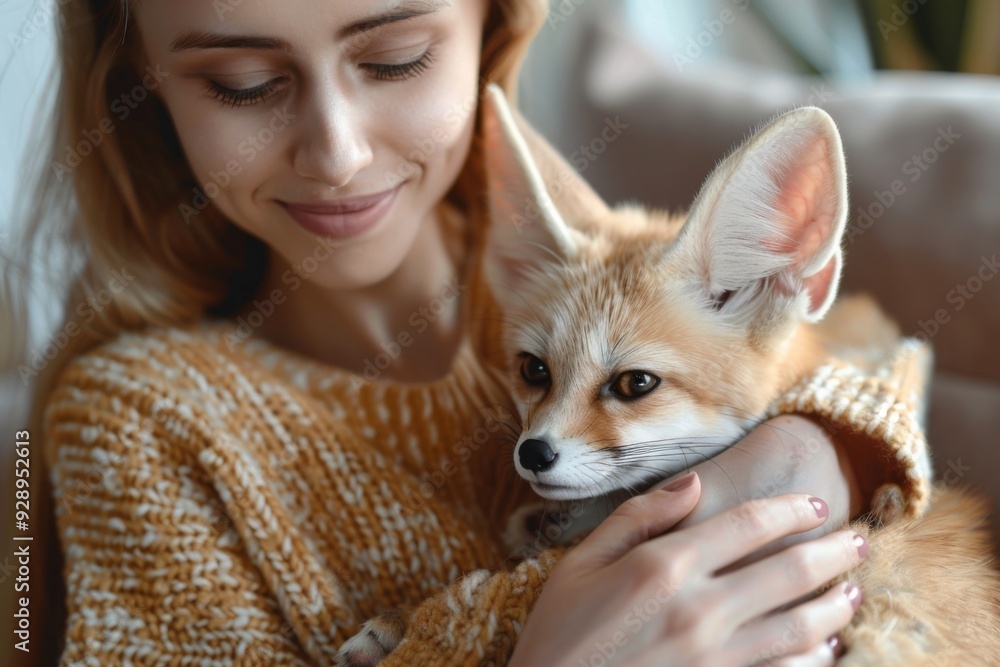 Woman hugging fennec fox in home living room.