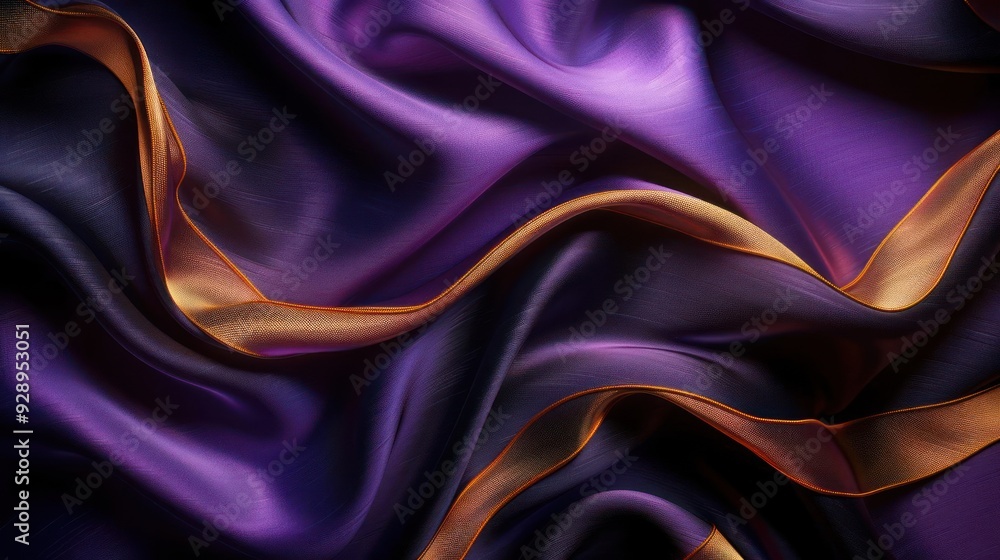 Fototapeta premium The close-up image shows the intricate details of a piece of purple fabric with golden accents,