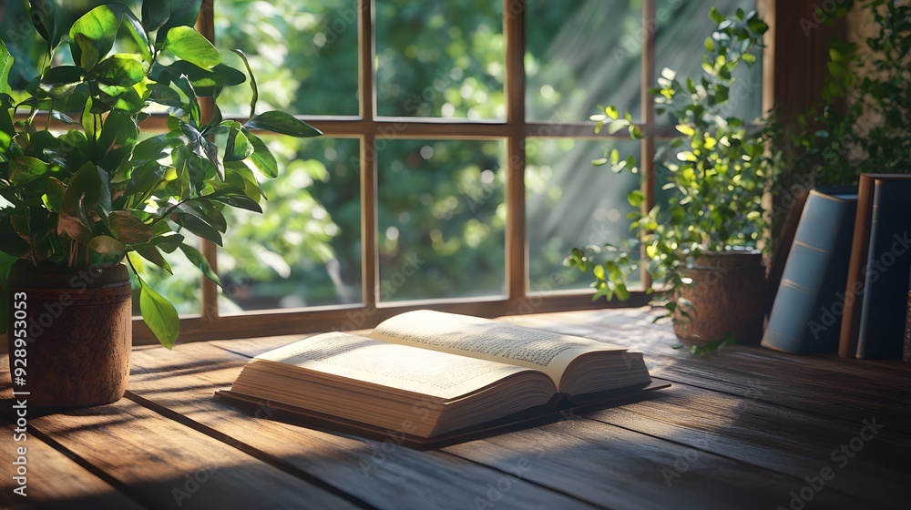 An open book sits on a wooden table bathed in warm sunlight streaming through a window. Lush greenery frames the scene. An open book sits on a wooden table bathed in warm sunlight streaming through a window. Lush greenery frames the scene.