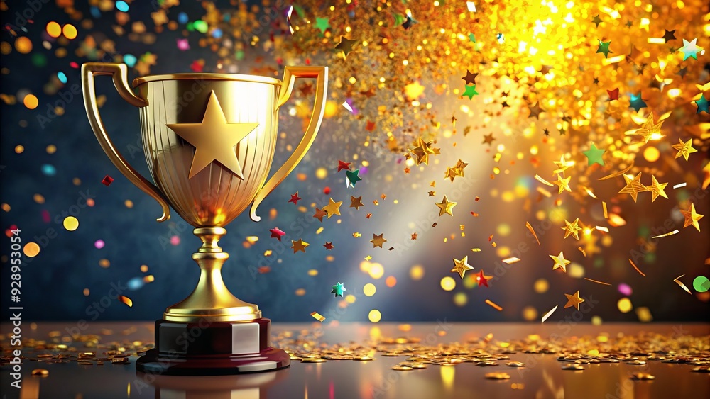 Golden trophy cup with a shiny star on top and surrounded by bright confetti, symbolizing excellence, recognition, and celebration of outstanding achievements. Golden trophy cup with a shiny star on top and surrounded by bright confetti, symbolizing excellence, recognition, and celebration of outstanding achievements.