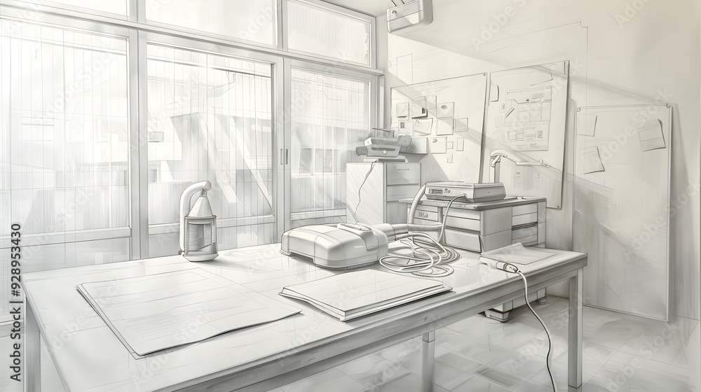 Sketch of an Office with a Desk, a File Cabinet, and a Window. Sketch of an Office with a Desk, a File Cabinet, and a Window.