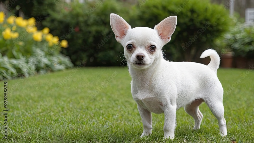 Fawn smooth coat chihuahua dog in the garden Fawn smooth coat chihuahua dog in the garden