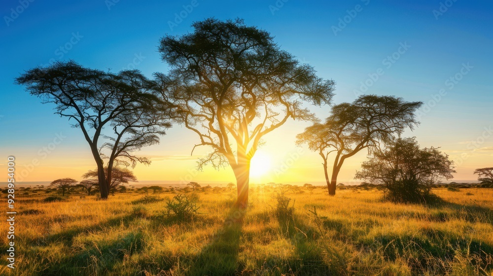 Golden Hour in the African Savannah: Awe-Inspiring Landscape with Acacia Trees, Long Shadows, and Dramatic Contrasts Golden Hour in the African Savannah: Awe-Inspiring Landscape with Acacia Trees, Long Shadows, and Dramatic Contrasts